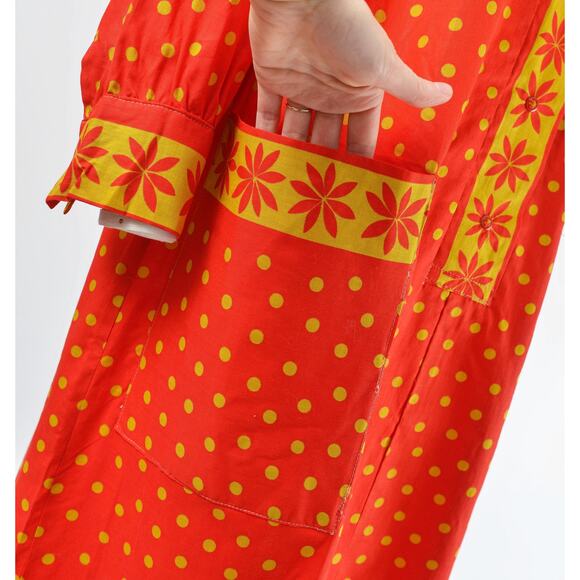 Vintage 60s Red Polka Dot Mod Collared Shift Long Sleeve Casual Smock Dress M L - Picture 7 of 8